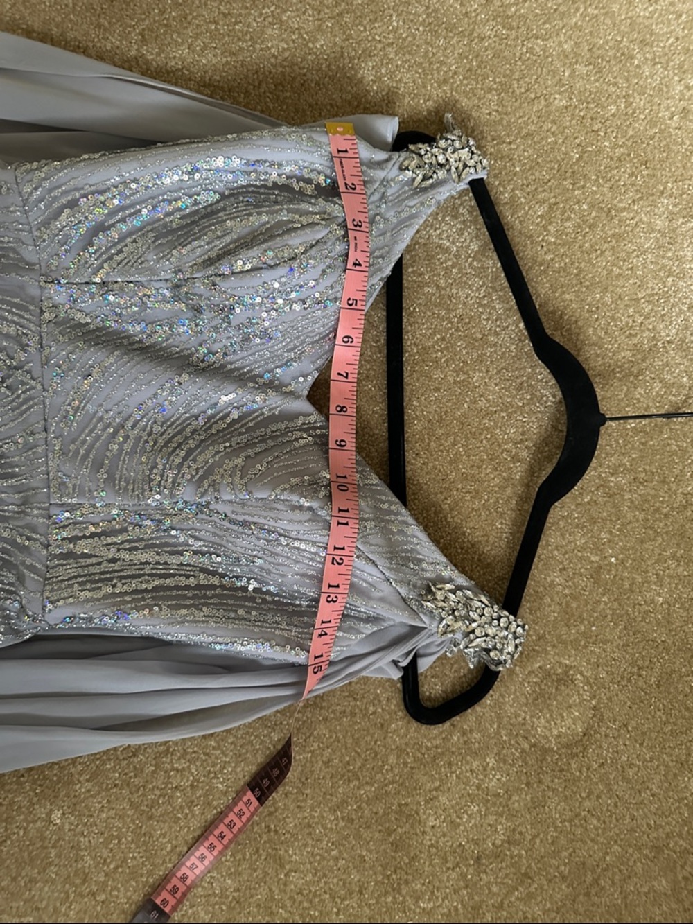 Portia and Scarlett Silver Sequined Gown with Lilac Chiffon Cape - Picture 7 of 8